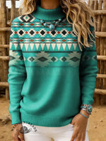 Women's Vintage Aztec Print Casual Turtleneck Sweater