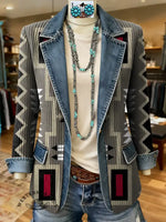 Southwestern Art Print Patchwork Denim Sweater Cardigan Coat