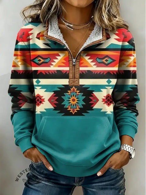 Aztec Print Casual Half-zip Cotton Sweatshirt