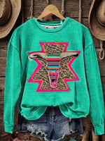 Turquoise Aztec Cow Art Casual Cotton Sweatshirt