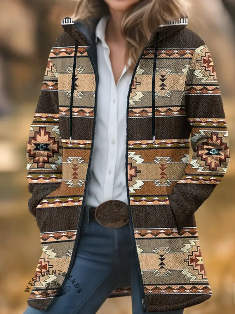 Aztec Print Unisex Plush Thick Long-Sleeved Cardigan Coat