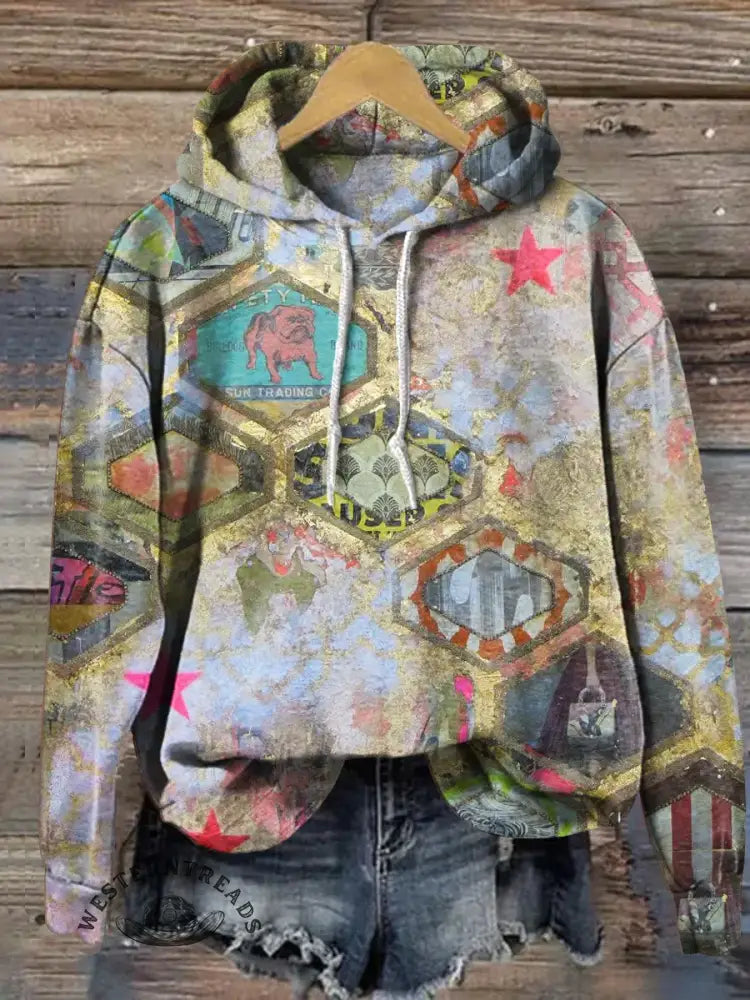 Vintage Art Print Casual Cotton Hooded Sweatshirt