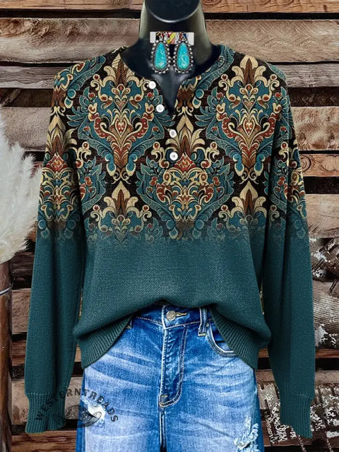 Retro Print Buttoned Cardigan Sweater