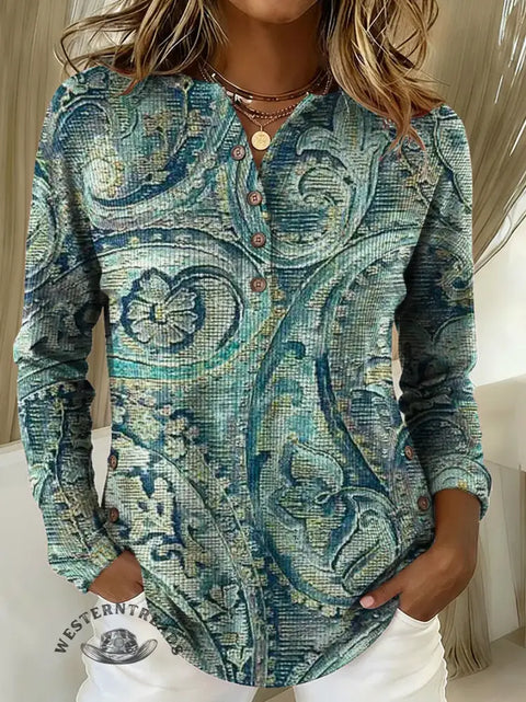 Women's Paisley Print Casual Corduroy Top