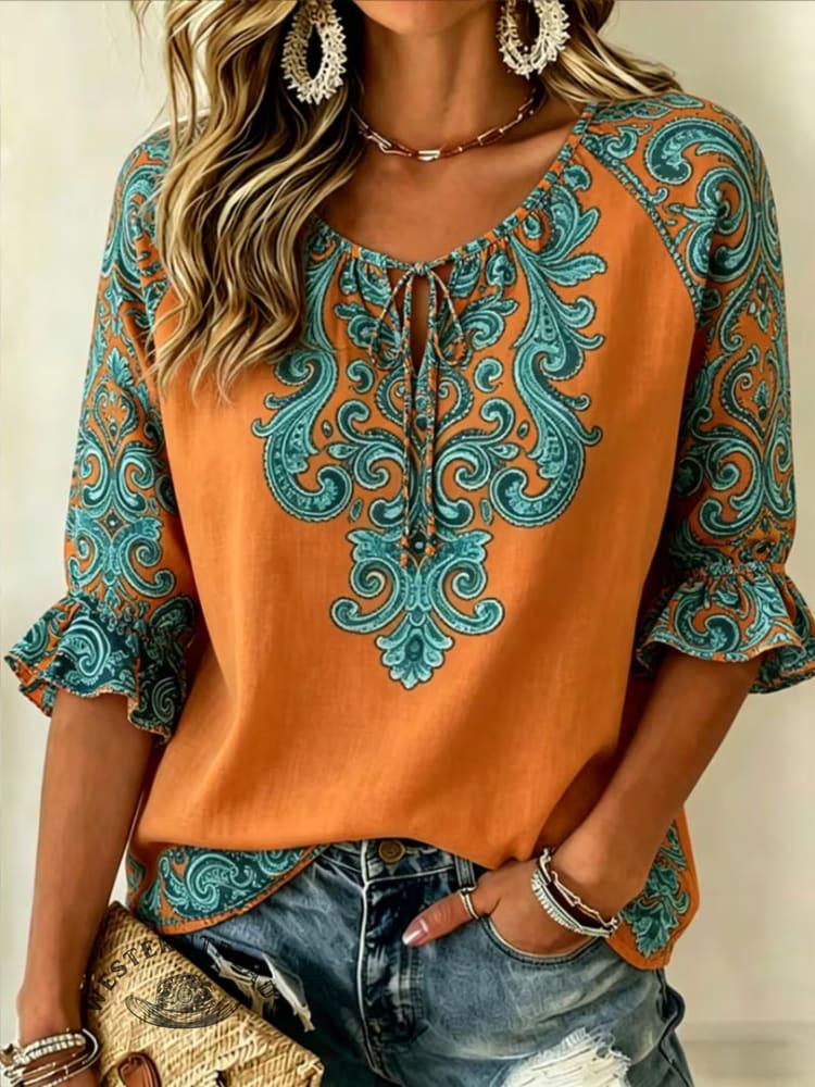 Women's Vintage Flowers Print Patchwork Casual Shirt