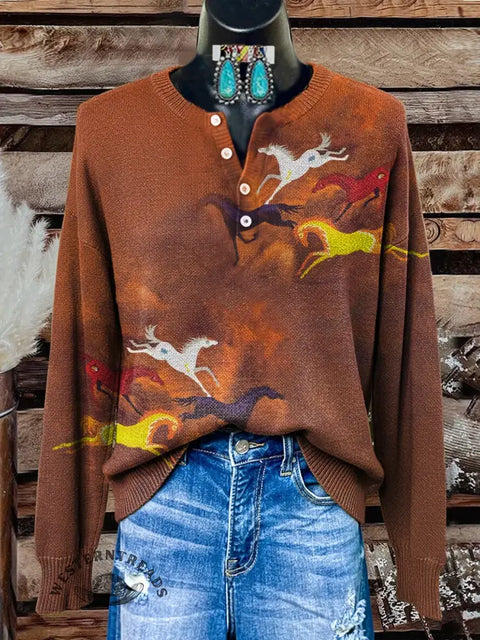 Retro Horse Print Buttoned Cardigan Sweater