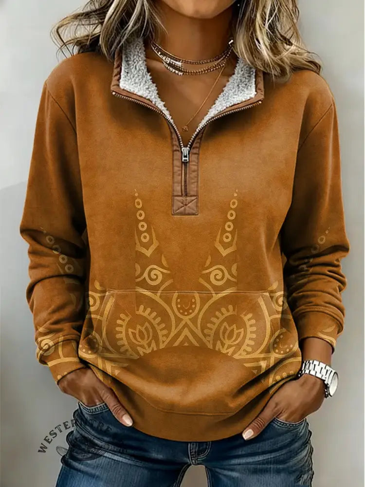 Women's Retro Flower Print Casual Color-blocked Casual Half-zip Cotton Sweatshirt