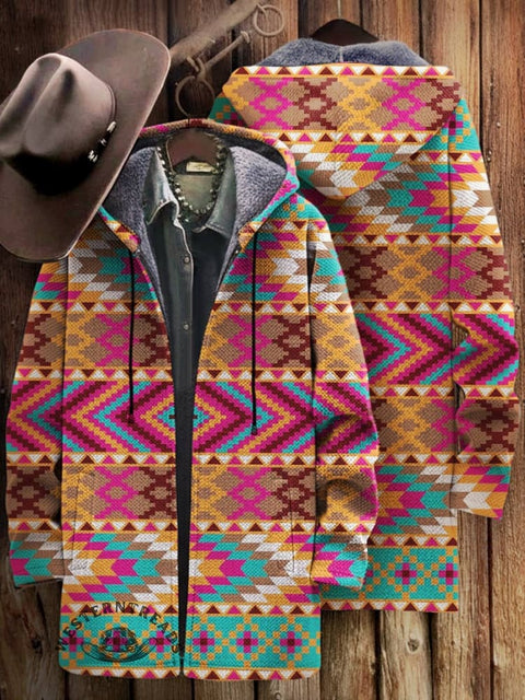 Aztec Print Unisex Plush Thick Long-sleeved Cardigan Coat