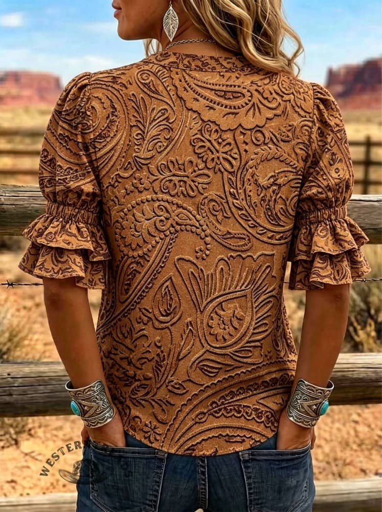Women's Paisley Print Puff Sleeve Casual Shirt
