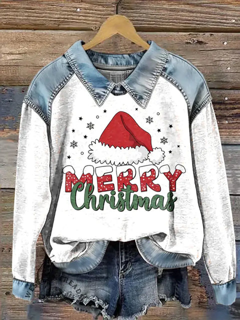 Women's Santa Hat Print Casual Denim Patchwork Sweatshirt