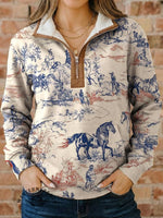 Vintage Print Casual Half-zip Cotton Sweatshirt