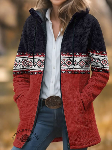 Aztec Print Unisex Plush Thick Long-sleeved Cardigan Coat