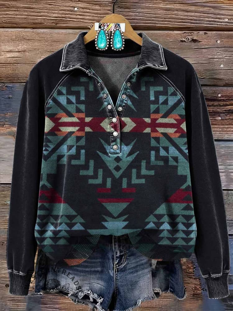 Vintage Aztec Art Print Casual Sweatshirt