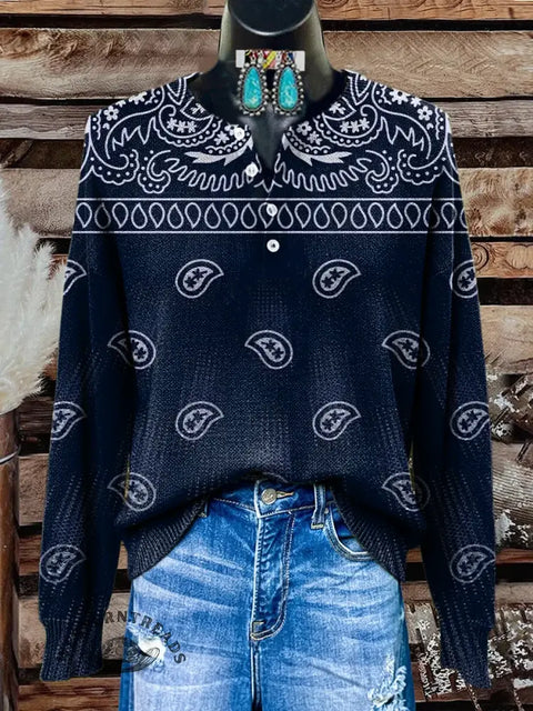 Retro Boho Print Buttoned Cardigan Sweater