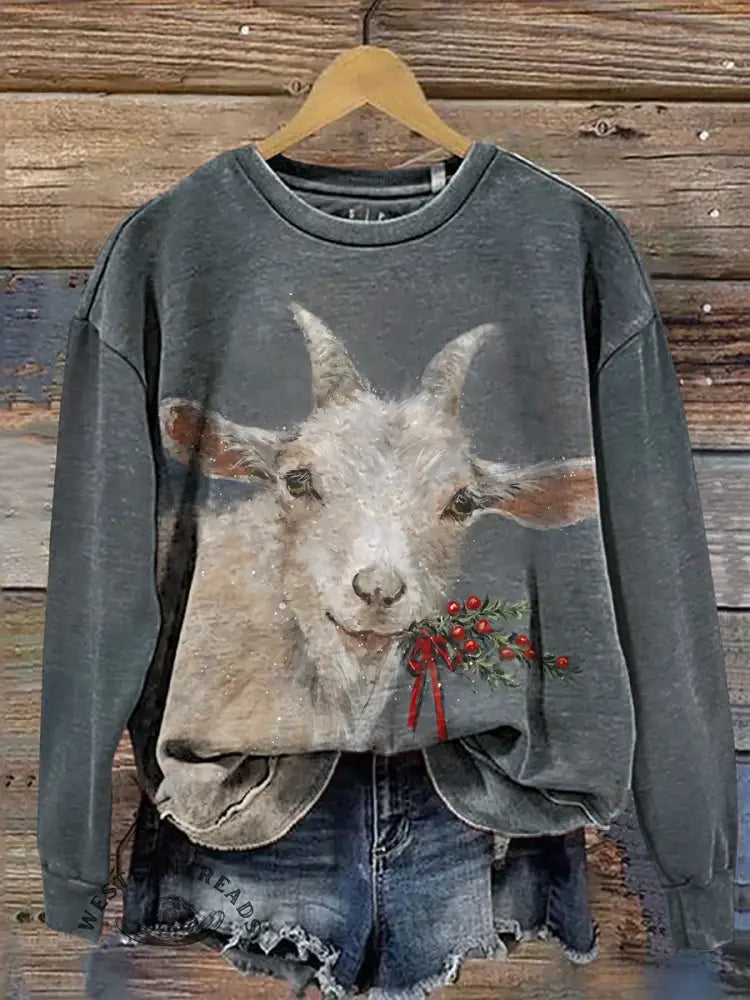 Christmas Goat Art Print Casual Cotton Sweatshirt
