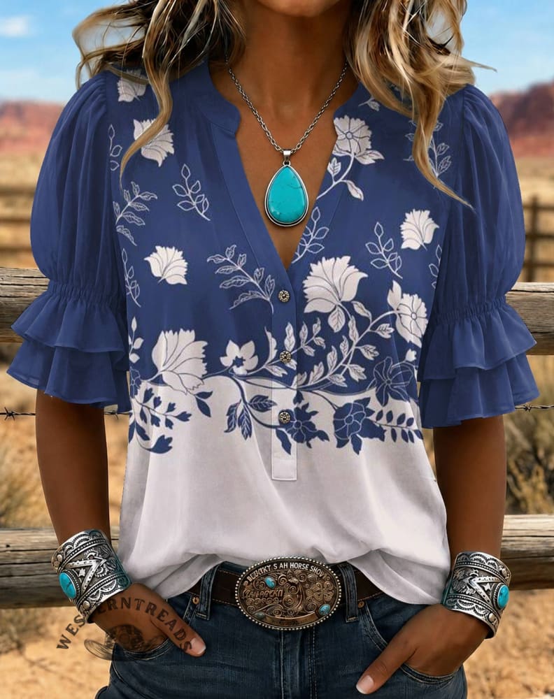 Vintage Floral Art Print Comfortable Summer Fabrics Casual Shirt