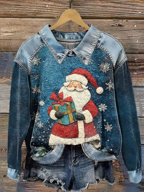Women's Santa Claus Print Casual Denim Patchwork Sweatshirt