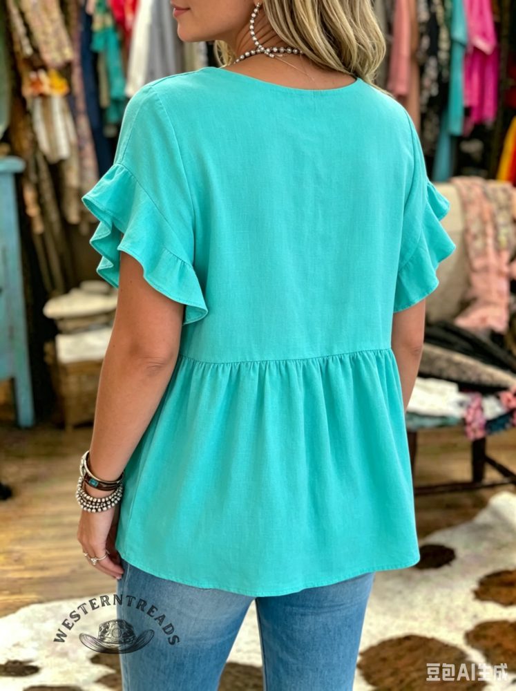 Linen Blend V-neck Ruffle Blouse In Aqua