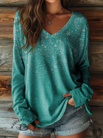 100% Cotton🍃Women's Art Print Casual V-neck Long Sleeve T-shirt