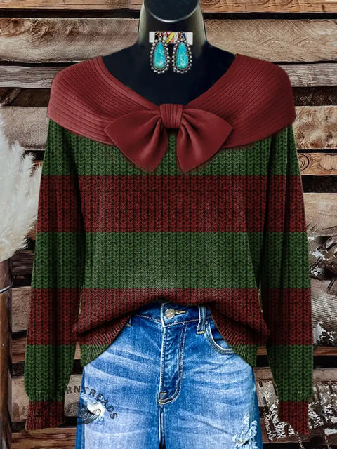 Women's Christmas Color Stripes Print Casual Cotton Sweater