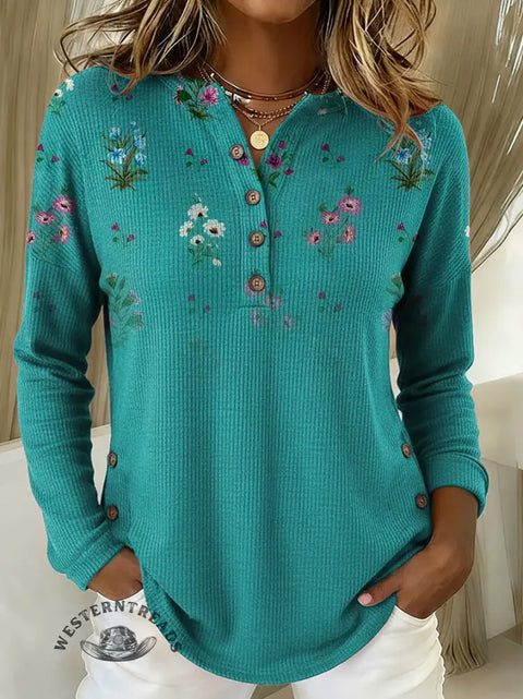 Women's Retro Floral Print Casual Cotton Shirt