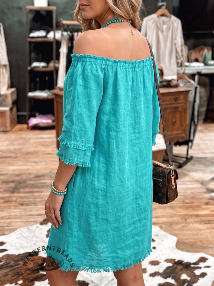 Vintage Art Western Patchwork Cotton Linen Off-the-Shoulder Dress