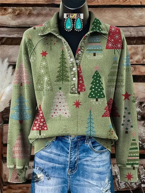 Women's Christmas Tree Print Casual Cotton Sweatshirt