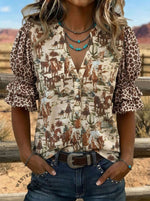 Wild West Art Print V-neck Puff Sleeve Ruffle Shirt