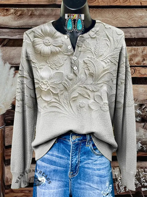 Retro 3d Visual Flower Print Buttoned Cardigan Sweater