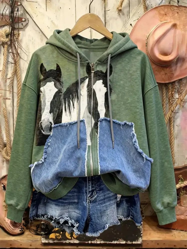 Retro Horse Print Casual Cotton Patchwork Hooded Zip-up Sweatshirt