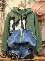 Retro Horse Print Casual Cotton Patchwork Hooded Zip-up Sweatshirt