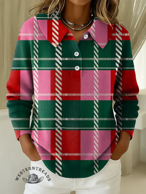 Women's Christmas Plaid Print Peter Pan Collar Pullover