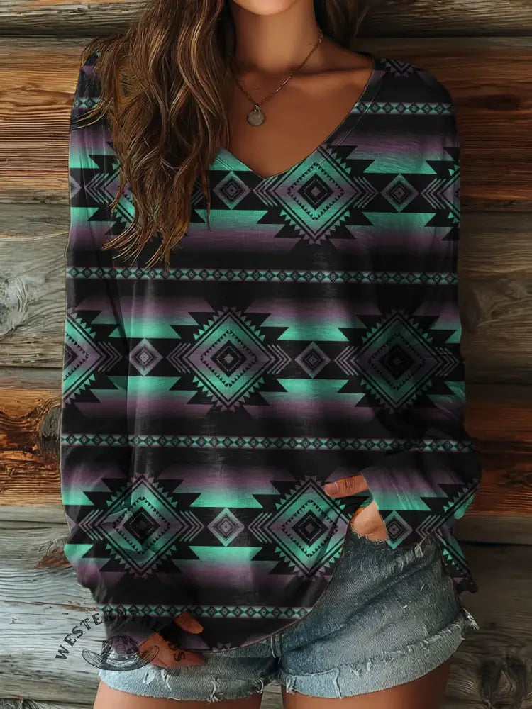 100% Cotton🍃Aztec Print Casaul V-collar Long Sleeve Tee