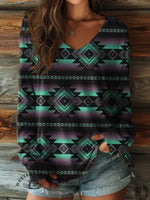 100% Cotton🍃Aztec Print Casaul V-collar Long Sleeve Tee