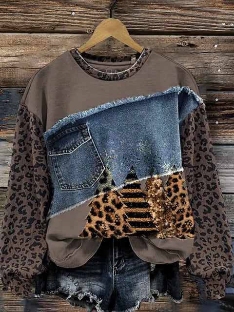 Leopard Pine Leopard Print Denim Patchwork Casual Cotton Sweatshirt