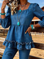Women's Square Neck Ruffled Casual Denim Top