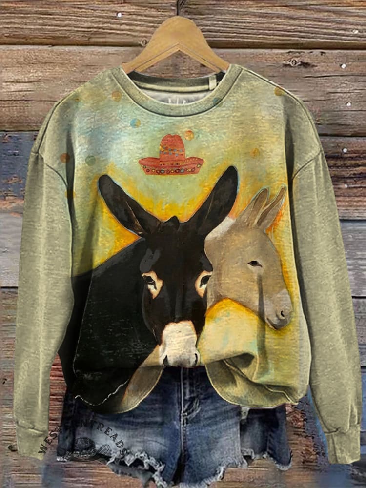 Vintage Donkey Art Print Casual Cotton Sweatshirt