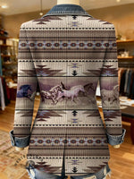 Retro Horse Aztec Print Patchwork Denim Sweater Cardigan Coat