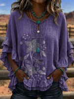 Women's Vintage Art Patchwork Hollow Design Cotton And Linen Shirt