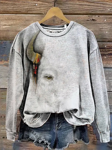 Retro Cow Art Print Casual Cotton Sweatshirt