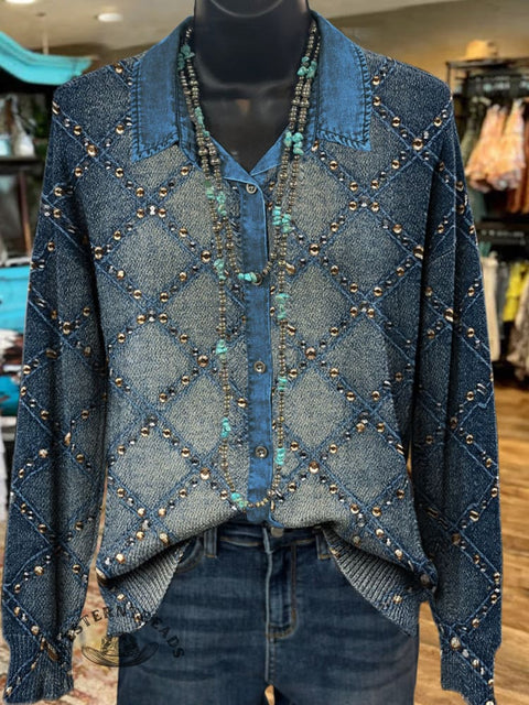 Denim Abstract Polo Collar Button Cardigan Sweater