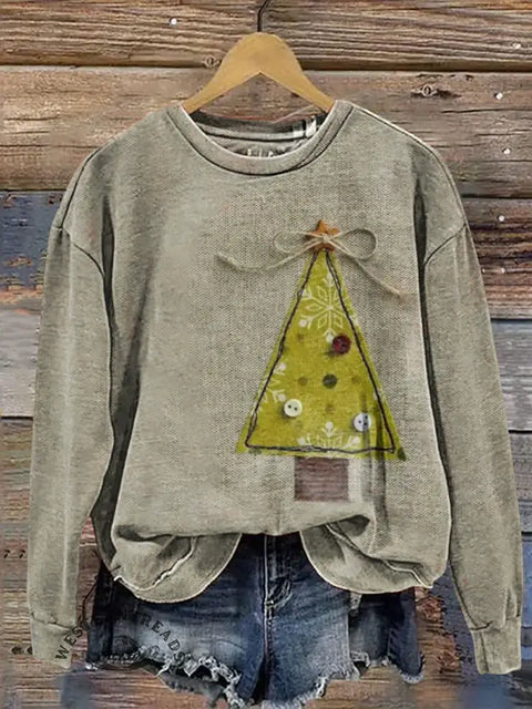 Retro 3d Vision Christmas Tree Cane Casual Cotton Sweatshirt