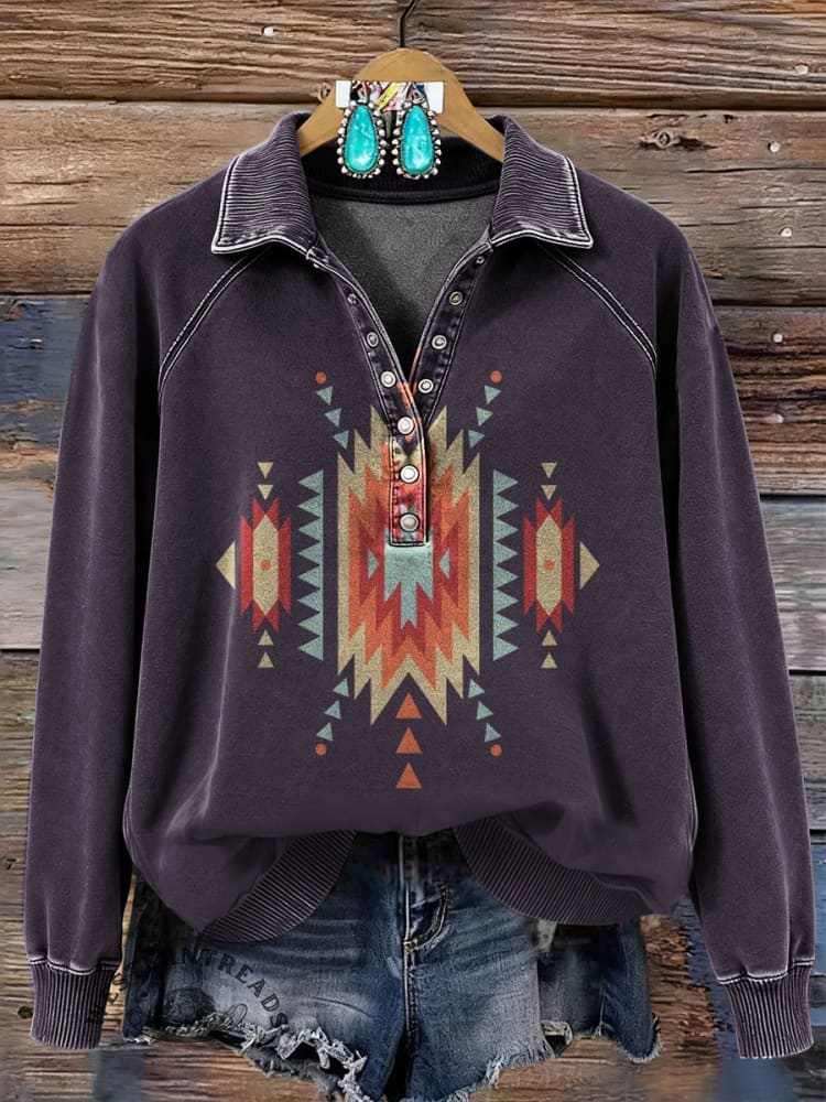 Vintage Aztec Art Print Casual Sweatshirt