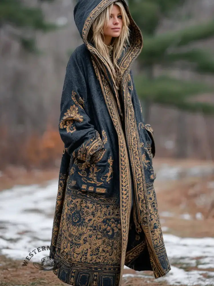 Women's Ethnic Floral Print Casual Hooded Long Jacket