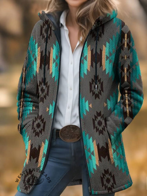 Aztec Print Unisex Plush Thick Long-sleeved Cardigan Coat