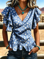 Women's Vintage V-neck Pleated Waist Patchwork Chiffon Casual Shirt