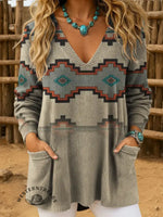 Women's Vintage Aztec Printed Casual Knitted V-Neck Pocket Top