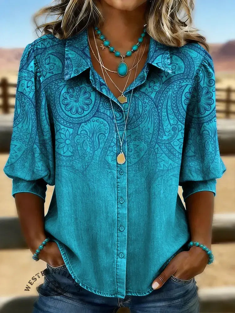 Women's Retro Floral Casual Puff Sleeve Denim Shirt