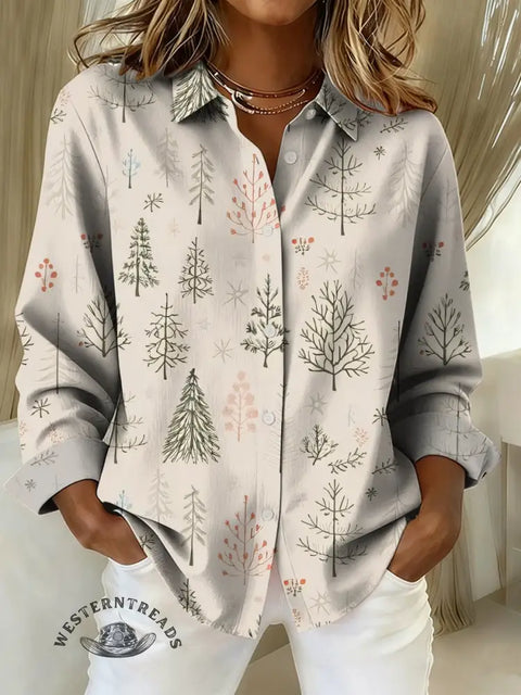 Women's Christmas Art Print Casual Cotton Shirt