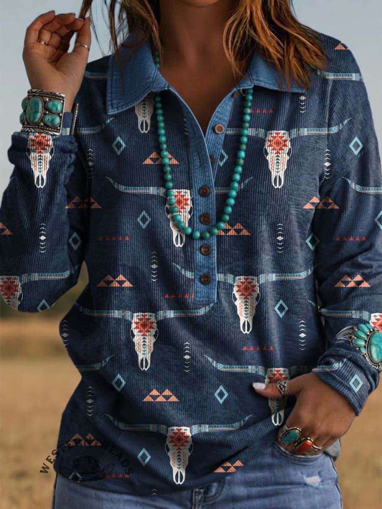 Retro Print Denim Patchwork Comfortable Collared Long-sleeved Top